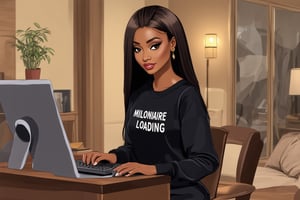 “Digital airbrush cartoon realistic illustration of a beautiful Afrohemian
African American woman with straight hair and makeup, sitting at her desk
in her living room, typing on her computer. She is dressed in a black
sweatshirt with 'MILLIONAIRE LOADING' written on it, paired with casual attire.
The living room is stylish, with modern decor and a warm, inviting
atmosphere, reflecting her sophisticated taste. The focus is on her highdetail
makeup and straight hairstyle, as well as the elegant yet
comfortable setting around her. This scene captures her as both
fashionable and hardworking, ideal for clipart use.”