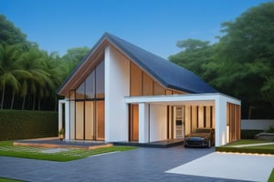 Raw photo,Masterpiece, high quality, best quality, authentic, super detail, exterior, outdoors,house, modern style, triangular roof,glass windows, dark tile roof, minimalist line, car on the tropical garden, Brick yard, promenade, tropical trees, blue sky, (day:1.1),