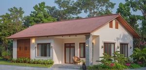 Modern 2-storey pointed roof villa in the suburbs of Vietnam, wide viewing angle, eye level, Photorealistic, surreal, 8k, ultra high resolution, sharp focus, soft morning light, courtyard Manicured gardens, bougainvillea trees, paved driveways, suburbs, clean streets. Surrounded by tropical trees providing shade
