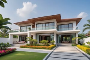 Modern 2-storey pointed roof villa in the suburbs of Vietnam, wide viewing angle, eye level, Photorealistic, surreal, 8k, ultra high resolution, sharp focus, soft morning light, courtyard Manicured gardens, bougainvillea trees, paved driveways, suburbs, clean streets. Surrounded by tropical trees providing shade
