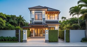 Modern 2-storey dark tiled roof villa in the suburbs of Vietnam, wide viewing angle, eye level, Raw photo,Masterpiece, high quality, best quality, authentic, super detail, outdoor, exterior , ((modern house :1.3)), modern style, daylight,luxury, photorealistic, surreal, 8k, ultra high resolution, clear lines, sharp focus, light Mild mornings, manicured gardens, bougainvillea trees, paved driveways, suburbs, clean streets. Surrounded by tropical trees providing shade, 