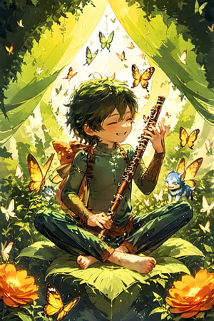 A warm sunlight casts a gentle glow on the idyllic Indian landscape as Little Krishna, with his endearing smile and mischievous eyes, sits cross-legged amidst lush greenery, cradling his flute. The instrument's slender neck and curved body seem to come alive in his small hands as he plays a lively tune, surrounded by fluttering butterflies and vibrant flowers.
