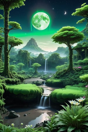 Create a scene of a moon transformed into a lush, verdant paradise.
The surface of the moon with its iconic craters and rugged terrain, now covered in rich, green vegetation.
Diverse plant life, including tall trees, vibrant flowers, and dense underbrush, thriving under the soft glow of distant stars.
Clear streams, small lakes, and cascading waterfalls add tranquility and life to the moons surface.
The Earth, or another planet, visible in the sky, casting a gentle light over the lunar greenery.
A serene, otherworldly ambiance with soft lighting and a harmonious blend of natural and celestial beauty.