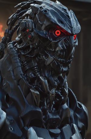 (8k, 3D, UHD, highly detailed, masterpiece, professional oil painting)close-up of robot from side in action pose surrounded by void magic looking at viewer, metalic roboter head (intricate details), (****), insane, toxic, no hair,volumetric lighting, dutch angle,  many red led laser eyes,Dinosaur style metal teeth,bust shot,With a bunch of chains on his head,Sharp black teeth,(Terminator T800:0.5),Lots of red pupils in one eye socket,
lora:add-detail-xl:1
