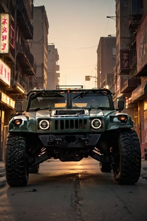 ((masterpiece、highest quality、genuine、Super detailed、High resolution、sharp focus、Live shooting、cinematic lighting))、((vehicle focus、there are no humans))、 4 wheels transport vehicle,Abandoned city at dusk,hummer h1,4 door,  front windshield has two panes,2 round headlights,Double row seat,Correct perspective,