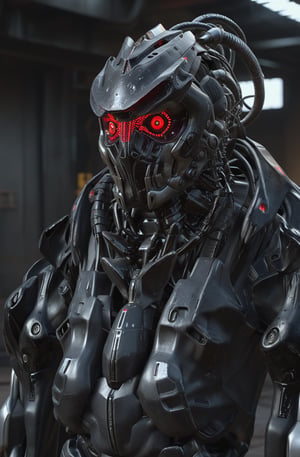 (8k, 3D, UHD, highly detailed, masterpiece, professional oil painting)close-up of robot from side in action pose surrounded by void magic looking at viewer, metalic roboter head (intricate details), (****), insane, toxic, no hair,volumetric lighting, (dutch angle:0.5),  many red led laser eyes,Dinosaur style metal teeth,bust shot,With a bunch of chains on his head,Sharp black teeth,(Terminator T800:0.7),6 red pupils in one eye socket,Steel works,head Hot red metallic texture,Shoulder gun,
lora:add-detail-xl:1
