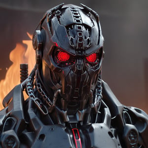 (8k, 3D, UHD, highly detailed, masterpiece, professional oil painting)close-up of robot from side in action pose surrounded by void magic looking at viewer, metalic roboter head (intricate details), (dead), insane, toxic, no hair,volumetric lighting, (dutch angle:0.5),  many red led laser eyes,Dinosaur style metal teeth,bust shot,With a bunch of chains on his head,Sharp black teeth,grim,(Terminator T800:1),6 red pupils in one eye socket,Steel works,head Hot red metallic texture,Shoulder gun,mutant,Burned face,Melting face on fire,Mantis man,sharp-headed,
 lora:add-detail-xl:2
