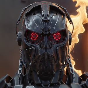(8k, 3D, UHD, highly detailed, masterpiece, professional oil painting)close-up of robot from side in action pose surrounded by void magic looking at viewer, metalic roboter head (intricate details), (dead), insane, toxic, no hair,volumetric lighting, (dutch angle:0.5),  many red led laser eyes,Dinosaur style metal teeth,bust shot,With a bunch of chains on his head,Sharp black teeth,grim,(Terminator T800:1),6 red pupils in one eye socket,Steel works,head Hot red metallic texture,Shoulder gun,mutant,Burned face,Melting face on fire,Mantis man,sharp-headed,
 lora:add-detail-xl:2
