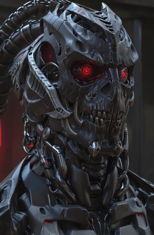 (8k, 3D, UHD, highly detailed, masterpiece, professional oil painting)close-up of robot from side in action pose surrounded by void magic looking at viewer, metalic roboter head (intricate details), (****), insane, toxic, no hair,volumetric lighting, dutch angle,  many red led laser eyes,Dinosaur style metal teeth,bust shot,With a bunch of chains on his head,Sharp black teeth,(Terminator T800:0.7),6 red pupils in one eye socket,
lora:add-detail-xl:1
