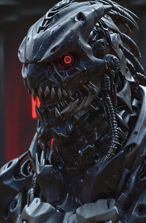 (8k, 3D, UHD, highly detailed, masterpiece, professional oil painting)close-up of robot from side in action pose surrounded by void magic looking at viewer, metalic roboter head (intricate details), (****), insane, toxic, no hair,volumetric lighting, dutch angle,  many red led laser eyes,Dinosaur style metal teeth,bust shot,With a bunch of chains on his head,Sharp black teeth,(Terminator T800:0.5),6 red pupils in one eye socket,
lora:add-detail-xl:1
