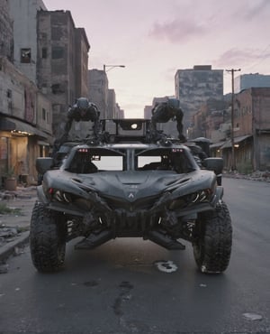 ((masterpiece、highest quality、genuine、Super detailed、High resolution、sharp focus、Live shooting、cinematic lighting))、((vehicle focus、there are no humans))、 4 wheels transport vehicle,Abandoned city at dusk,4 door,  front windshield has two panes,2 round headlights,Double row seat,Correct perspective,big wheels,