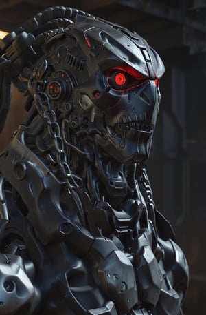 (8k, 3D, UHD, highly detailed, masterpiece, professional oil painting)close-up of robot from side in action pose surrounded by void magic looking at viewer, metalic roboter head (intricate details), (****), insane, toxic, no hair,volumetric lighting, (dutch angle:0.5),  many red led laser eyes,Dinosaur style metal teeth,bust shot,With a bunch of chains on his head,Sharp black teeth,grim,(Terminator T800:0.7),6 red pupils in one eye socket,Steel works,head Hot red metallic texture,Shoulder gun,mutant,
lora:add-detail-xl:1
