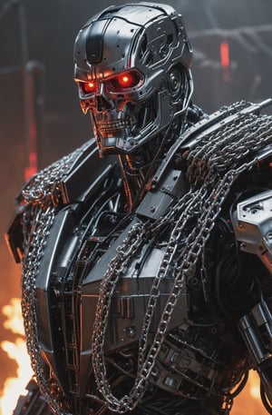 (8k, 3D, UHD, highly detailed, masterpiece, professional oil painting)close-up of Terminator T800 from side in action pose surrounded by void magic looking at viewer, metalic roboter head (intricate details), (****), insane, toxic, no hair,volumetric lighting, dutch angle,  many red led laser eyes,Dinosaur style metal teeth,bust shot,With a bunch of chains on his head,
lora:add-detail-xl:1
