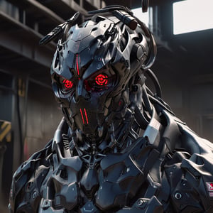 (8k, 3D, UHD, highly detailed, masterpiece, professional oil painting)close-up of robot from side in action pose surrounded by void magic looking at viewer, metalic roboter head (intricate details), (****), insane, toxic, no hair,volumetric lighting, (dutch angle:0.5),  many red led laser eyes,Dinosaur style metal teeth,bust shot,With a bunch of chains on his head,Sharp black teeth,grim,(Terminator T800:0.9),6 red pupils in one eye socket,Steel works,head Hot red metallic texture,Shoulder gun,mutant,Burned face,Melting face on fire,Mantis man,
lora:add-detail-xl:1
