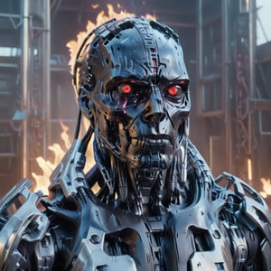 (8k, 3D, UHD, highly detailed, masterpiece, professional oil painting)close-up of robot from side in action pose surrounded by void magic looking at viewer, metalic roboter head (intricate details), (dead), insane, toxic, no hair,volumetric lighting, (dutch angle:0.5),  many red led laser eyes,Dinosaur style metal teeth,bust shot,With a bunch of chains on his head,Sharp black teeth,grim,(Terminator T800:1),6 red pupils in one eye socket,Steel works,head Hot red metallic texture,Shoulder gun,mutant,Burned face,Melting face on fire,Mantis man,sharp-headed,
 lora:add-detail-xl:2
