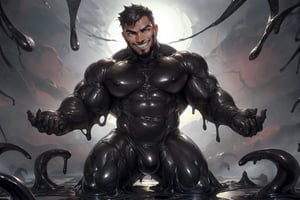 
Rokudenashi,bulge,front view,looking at viewer ,in black slime lair,,(human head,male,bara face,short hair,brown,melting,detailed eyes,smile),(detailed muscle,in black slime rubber suit,rubber suit ),(black slime tentacles background),(by ross ,by null-ghost, by thebigslick, by darkgem, by honovy),rokudenashi