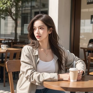 1girl, solo, long hair, brown hair, shirt, jewelry, necklace, lips, traditional media, portrait, realistic, holding, brown eyes, sitting, jacket, white shirt, outdoors, food, day, indoors, tree, cup, lips, black jacket, chair, table, drinking straw, sign, realistic, drink, drinking, disposable cup, restaurant, cafe, real world location