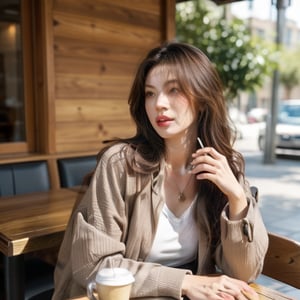 1girl, solo, long hair, brown hair, shirt, jewelry, necklace, lips, traditional media, portrait, realistic, holding, brown eyes, sitting, jacket, white shirt, outdoors, food, day, indoors, tree, cup, lips, black jacket, chair, table, drinking straw, sign, realistic, drink, drinking, disposable cup, restaurant, cafe, real world location