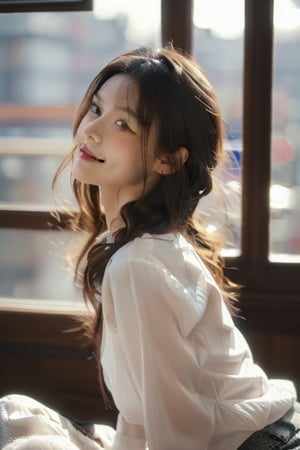 A soft-focused portrait of a girl with light brown hair framing her face, gazing directly at the viewer with warm brown eyes. She wears a crisp white shirt and black pants, accentuating her slender figure. A gentle smile plays on her lips, exuding tenderness as she looks back with a quiet introspection. The monochromatic color palette creates a sense of intimacy, set against a subtle Amsterdam cityscape background.
