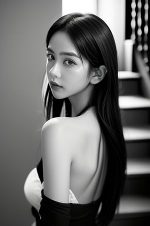 1girl, solo, looking at viewer, long brown hair, jewelry, monochrome, greyscale, looking back, off shoulder, blurry, lips, stairs, realistic