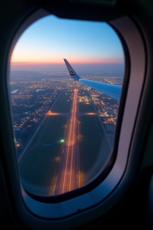 Aerial view from the cockpit of an Airbus A380 at dusk, King Shaka Airport, South Africa. The cityscape is visible below, illuminated by early evening light. Shot in the style of Sam Kolder, with a wide-angle lens, 4k resolution, HDR, and DSLR quality. The pilot's perspective captures the runway and distant horizon, creating an award-winning composition.