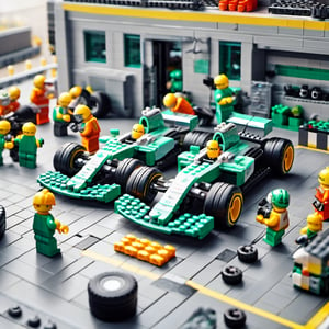  F1 team Mercedes F1 car at pit stop, Lego mechanics changing tires and attending to car,lego, professionally color graded