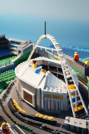 Stadium in Lego style. BLue skies and water background