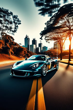 award-winning photograph of Porsche Carrera GT, background Sandton, South Africa, colour grading style of Sam Kolder, realistic. Canon, 8k, wide angle lens