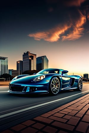 award-winning photograph of Porsche Carrera GT in Sandton, South Africa, colour grading of Sam Kolder, early evening, realistic. Canon, 8k, wide angle lens