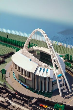 Stadium in Lego style. BLue skies and water background