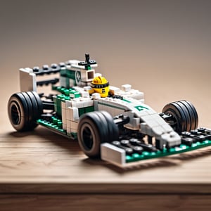  F1 team Mercedes F1 car on wooden surface,lego, professionally color graded