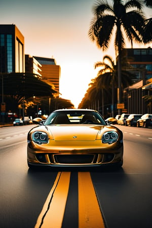 award-winning photograph of Porsche Carrera GT in the streets of Sandton, South Africa, style of Sam Kolder, golden hour, early evening, hyper-realistic. Canon, 8k, wide angle lens