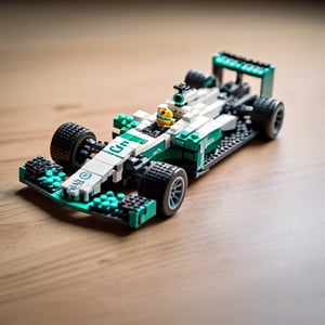  F1 team Mercedes-AMG Petronas F1 car on wooden surface,lego, professionally color graded