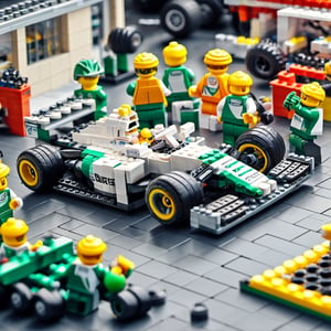  F1 team Mercedes F1 car at pit stop, Lego mechanics changing tires and attending to car,lego, professionally color graded