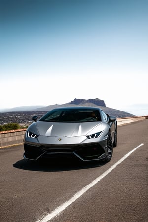 high quality photograph of Lamborghini Hurracan in Cape town, south Africa. background table mountain.  Canon EOS R3, 400mm, award-winning, UHD, 8k, f10, dslr,135mm imax