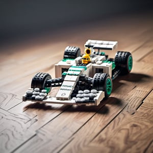  F1 team Mercedes F1 car on wooden surface,lego, professionally color graded