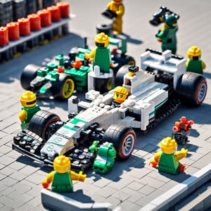  F1 team Mercedes F1 car at pit stop, Lego mechanics changing tires and attending to car,lego, professionally color graded