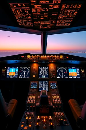 Photograph of a pilot's aerial view from an Airbus A380 cockpit at dusk at King Shaka Airport Airport, South Africa city in the style of Sam Kolder. Early evening, 4k, award winning, hdr, dslr, wide-angle lens