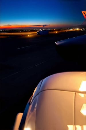 Photograph of a pilot's aerial view from an Airbus A380 cockpit at dusk at King Shaka Airport Airport, South Africa city in the style of Sam Kolder. Early evening, 4k, award winning, hdr, dslr, wide-angle lens