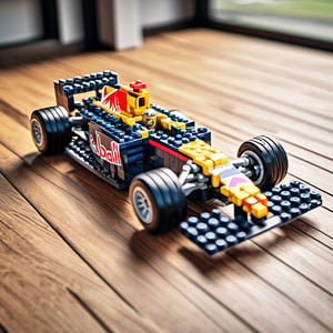  F1 team Red Bull Racing  F1 car on wooden surface,lego, professionally color graded