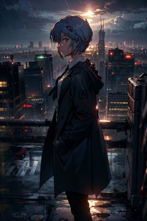 ((looking_at_viewer :1.3)),eye-contact,panorama,wide_shot, standing on the roof,full_body,(vibrant colors), masterpiece, sharp focus, best quality, depth of field, (cinematic lighting), 1girl, solo,
ayanami,blue hair, short hair, bangs, bright red eyes, 
collared shirt, black necktie, black pants, (black_coat),
(rain),raining,aerial_view, from_above ,dusk, backlight,rooftop, city, clouds, windy, hair flowing in the wind, clothes in the wind, profile, hand in pocket,
