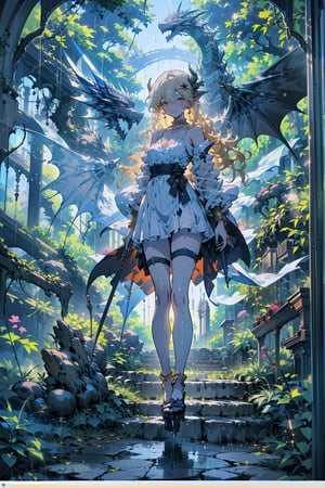 full body,white dragon,dragonoid girl,(masterpiece, best quality, highres, anime style:1.5), (natural skin texture, sharp:1.2),chest raised, ((in the holy cathedral)),trees with golden leaves in the background,a group of dragons flying behind her, wearing shabby sexy clothes. （ruined church）
///brown eyes, glowing eyes, blond hair, long hair, hair between eyes, hair ornament, thigh strap, saggy breast, deep neckline, dress, bare_shoulders,white_dress,(wet clothes), earrings, fine gold necklaces, fine gold anklet, bare shoulders, bare belly, bare legs, deep of field, rain drop, neon, seductive smile, looking at viewer, light refraction, cinematic shot, frozen skin,

masterpiece, best quality, detailmaster2, 8k, 8k UHD, ultra detailed, ultra-high resolution, ultra-high definition, highres,