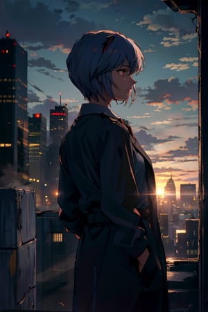 (vibrant colors), masterpiece, sharp focus, best quality, depth of field, (cinematic lighting), 1girl, solo,
ayanami,blue hair, short hair, bangs, bright red eyes, 
collared shirt, black necktie, black pants, (black_coat),
from_back,dusk, backlight,rooftop, city, clouds, windy, hair flowing in the wind, clothes in the wind, profile, hand in pocket,
cowboy_shot