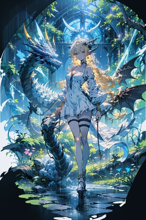 full body,white dragon,dragonoid girl,(masterpiece, best quality, highres, anime style:1.5), (natural skin texture, sharp:1.2),chest raised, ((in the holy cathedral)),trees with golden leaves in the background,a group of dragons flying behind her, wearing shabby sexy clothes. （ruined church）
///brown eyes, glowing eyes, blond hair, long hair, hair between eyes, hair ornament, thigh strap, saggy breast, deep neckline, dress, bare_shoulders,white_dress,(wet clothes), earrings, fine gold necklaces, fine gold anklet, bare shoulders, bare belly, bare legs, deep of field, rain drop, neon, seductive smile, looking at viewer, light refraction, cinematic shot, frozen skin,

masterpiece, best quality, detailmaster2, 8k, 8k UHD, ultra detailed, ultra-high resolution, ultra-high definition, highres,