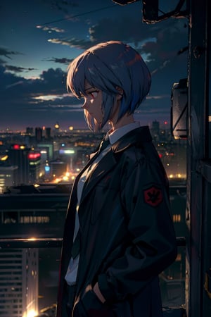 (vibrant colors), masterpiece, sharp focus, best quality, depth of field, (cinematic lighting), 1girl, solo,
ayanami,blue hair, short hair, bangs, bright red eyes, 
collared shirt, black necktie, black pants, (black_coat),
aerial_view, from_above ,dusk, backlight,rooftop, city, clouds, windy, hair flowing in the wind, clothes in the wind, profile, hand in pocket,
