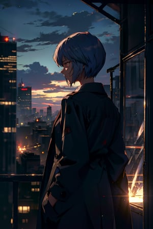 (vibrant colors), masterpiece, sharp focus, best quality, depth of field, (cinematic lighting), 1girl, solo,
ayanami,blue hair, short hair, bangs, bright red eyes, 
collared shirt, black necktie, black pants, (black_coat),
from_back,dusk, backlight,rooftop, city, clouds, windy, hair flowing in the wind, clothes in the wind, profile, hand in pocket,
cowboy_shot