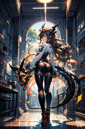 (Full Body), a beautiful woman,(white clothes),her hands behind her back,chest raised, trees with golden leaves in the background,a group of dragons flying behind her, wearing shabby sexy clothes. ///(yellow eyes), big breasts, 4k, best quality, masterpiece, (eyeliner, eye shadow, black lipstick), (glossy lips), ((golden hair)), bangs, ((long hair ), (straight hair: 1.4), perfect hands, , masterpiece, super detailed image, perfect image unfolded in 8k resolution, professional, HDR, high resolution, best lighting , extremely detailed