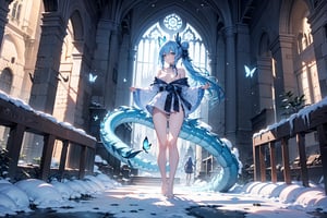  ((wider view:1.2)),full body,one dragon,8k,white dragon,dragonoid girl,  Standing amidst the ruins, with a massive snow-capped mountain in the distance, a dragon soars in the sky. barefoot, (detailed) ,waist-long hair, knee-length hair, wavy hair, side ponytail, bun head, light blue pajamas, light green pattern, white pattern, one-leg stockings, high heels, light Long blue hair, long hair, mixed blue, green and purple hair, butterfly, topless top, off-shoulder top, bare shoulders, clear limbs, clear fingers, standing pose,ancient European architectural style,cathedral,

 ///ultra sharp, masterpiece, best quality, aesthetic, Glamour, High quality, Masterpiece, Best quality, HD, Extremely detailed, voluminetric lighting,High resolution, good detail, bright colors,rgbcolor,