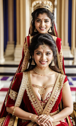 Sexy and beautiful Indian queen and handsome and dashing king in palace. Elegant, Royal, luxurious, big_boobies, ultra hd, 8k.,SD 1.5,photography,base model,photorealistic,character,male,female, A perfect full frame photo, smile face, animal