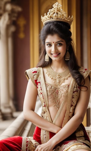 Sexy and beautiful Indian queen and handsome and dashing king in palace. Elegant, Royal, luxurious, big_boobies, ultra hd, 8k.,SD 1.5,photography,base model,photorealistic,character,male,female, A perfect full frame photo, smile face, animal